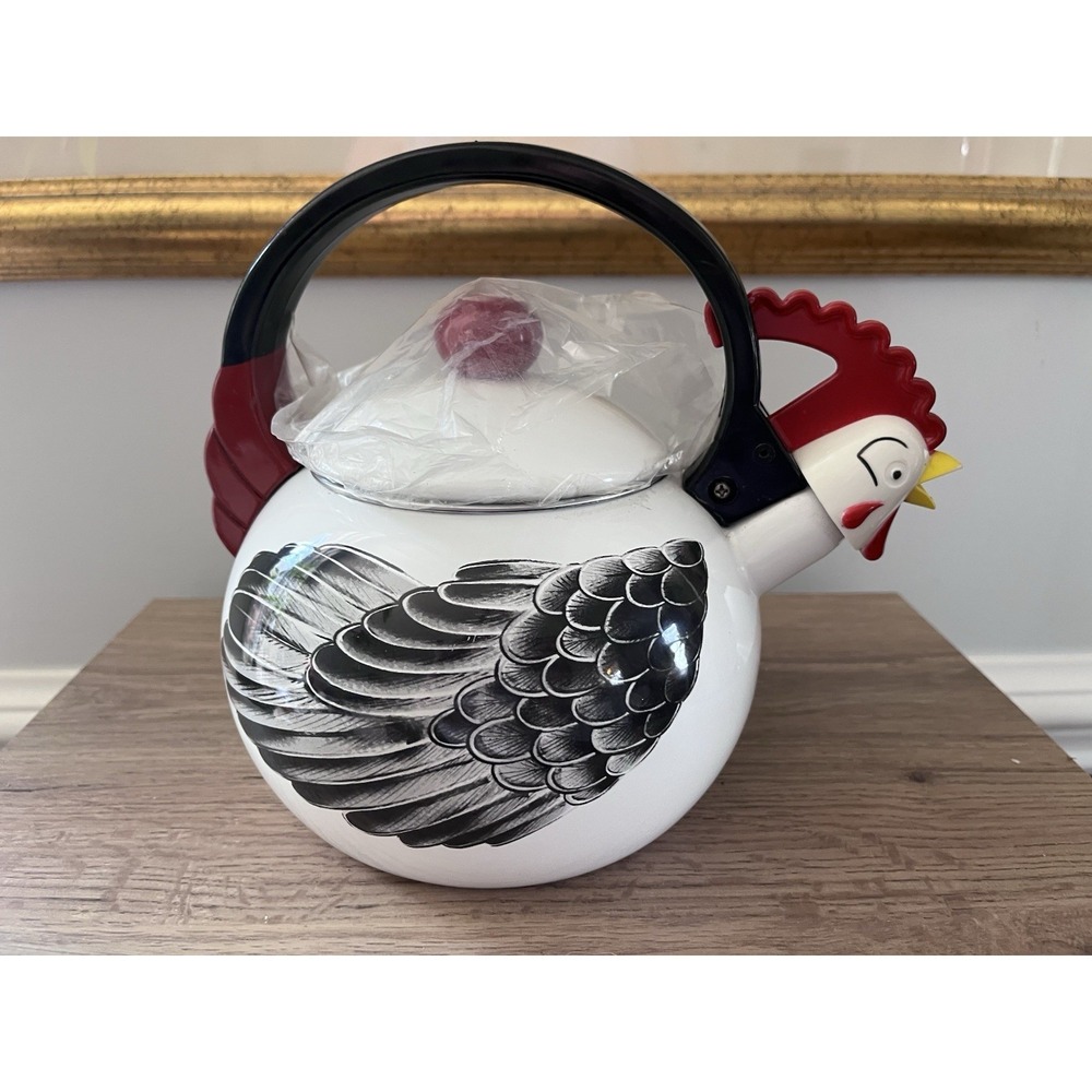 New! Vintage 1986 Kamenstein Chicken Rooster Whistling Tea Kettle Teapot Enamel